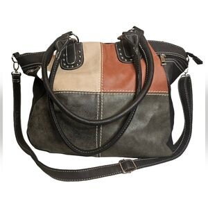 SOFT FAUX LEATHER LG TOTE PURSE MULTICOLOR BLOCK PATTERN DOUBLE HANDLES & STRAP